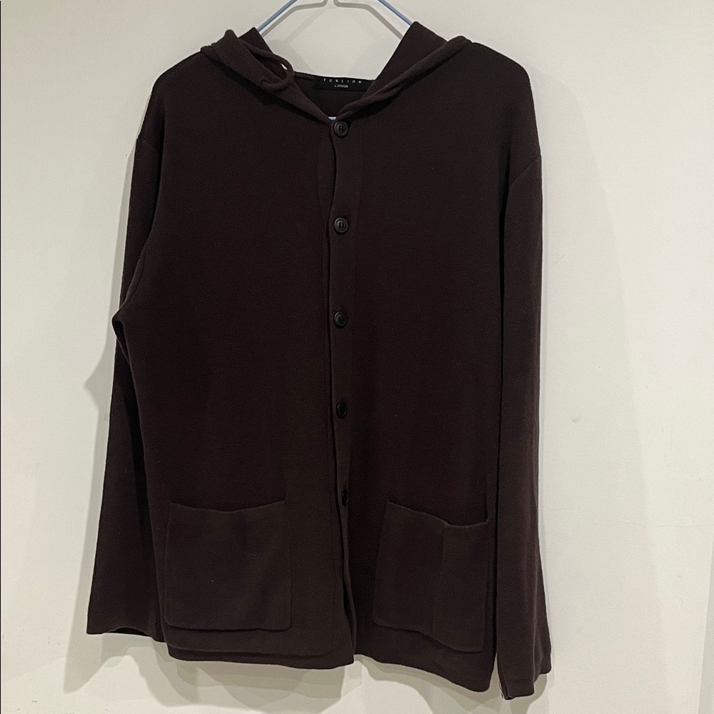 Hooded Button-Up Pocket Cardigan in Deep Chocolate